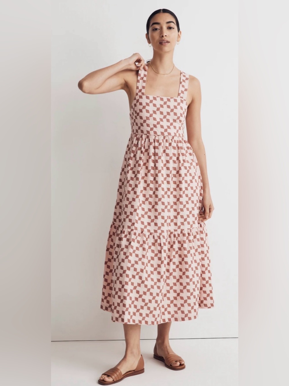 MADEWELL Cicely Tiered Midi Dress in Geo Checkerboard Pink Oyster Size 2